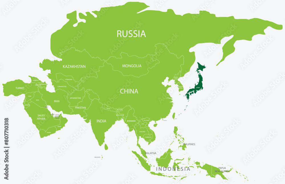 Highlighted green map of JAPAN inside light green political map of Asia using orthographic projection on light blue background Highlighted green map of JAPAN inside light green political map of Asia using orthographic projection on light blue background