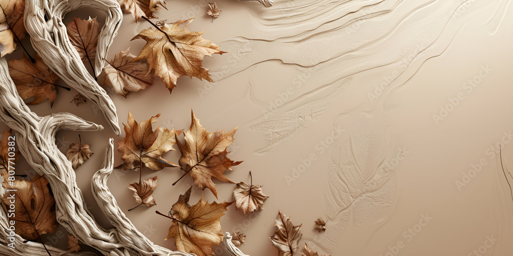 Fototapeta premium Autumn leaves scattered on a beige background, showcasing the vibrant colors of the season.