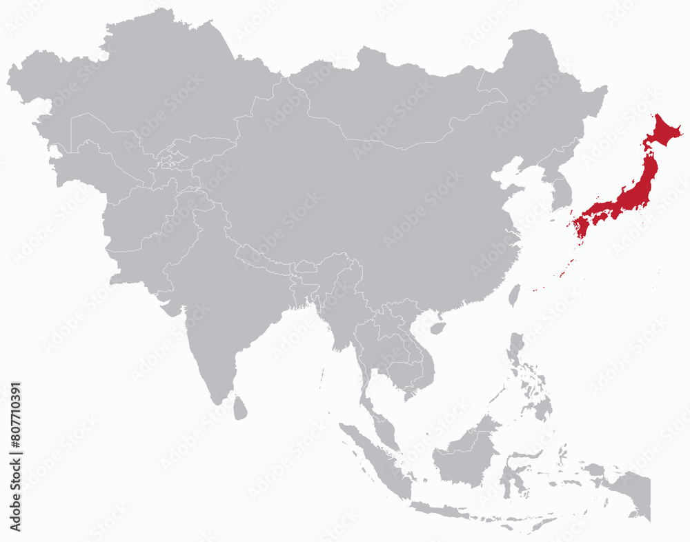 Highlighted red map of JAPAN inside grey detailed blank political map of Asia on light blue background, without the Middle East and Russia Highlighted red map of JAPAN inside grey detailed blank political map of Asia on light blue background, without the Middle East and Russia