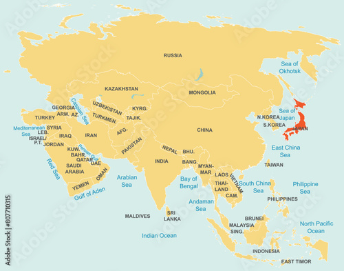 Highlighted red map of JAPAN inside orange detailed tagged map of Asia using orthographic projection on blue background