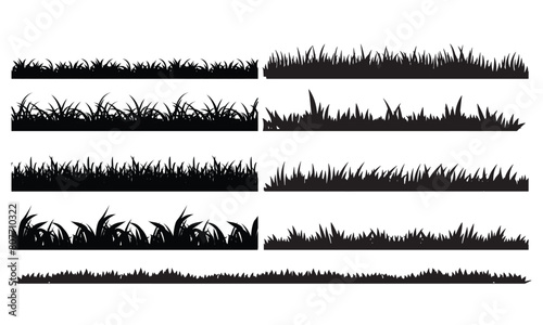 Grass silhouette, Seamless grass black silhouette vector set. Landscape nature lush background, plant and field lawn, park and meadow, fresh, summer. monochrome Vector illustration.
