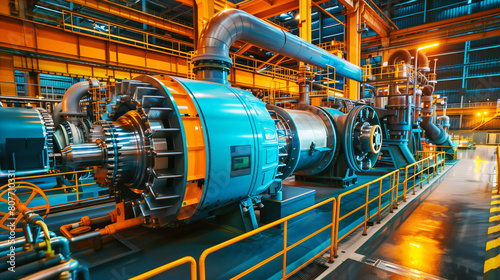 Industrial interior of a power plant with large blue gas turbines and complex piping system. photo