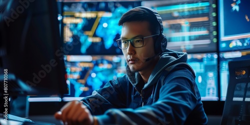 Focused Professional Gamer in Headset at a High-Tech Computer Setup, Esports Competitor in Action
