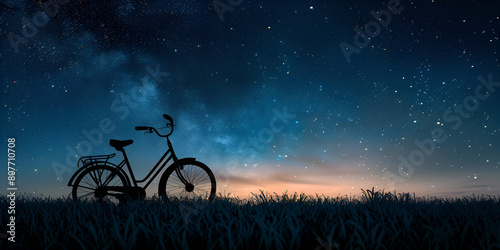 Bike parked on grass beneath a starlit sky