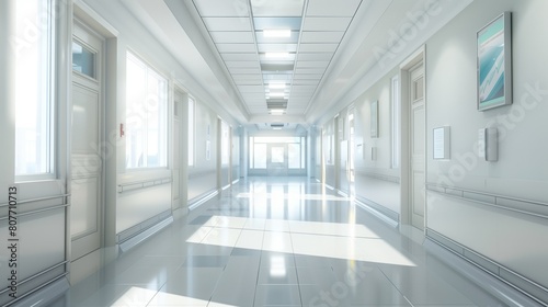 Bright and modern hospital corridor with fluorescent lights and framed informational posters on the walls.