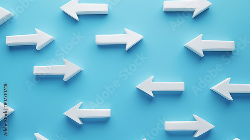 An array of white directional arrows on a plain blue background, pointing in various directions.