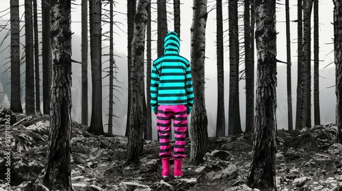 Highaltitude forest landscape frames a hiker in organic cotton outerwear, the negative space emphasizing the harmony between the outfit and the natural world