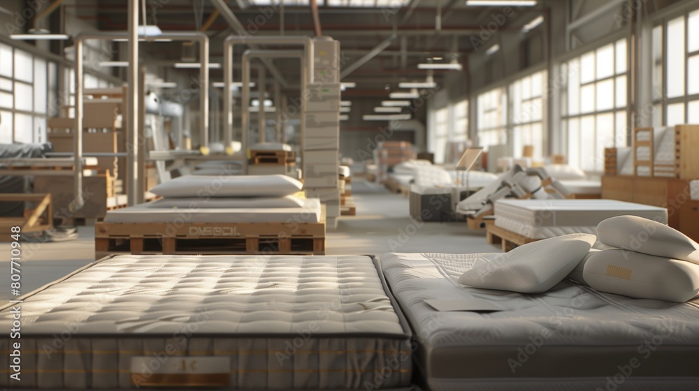 A well-lit mattress factory with several mattresses and pillows on display, showcasing quality and variety.