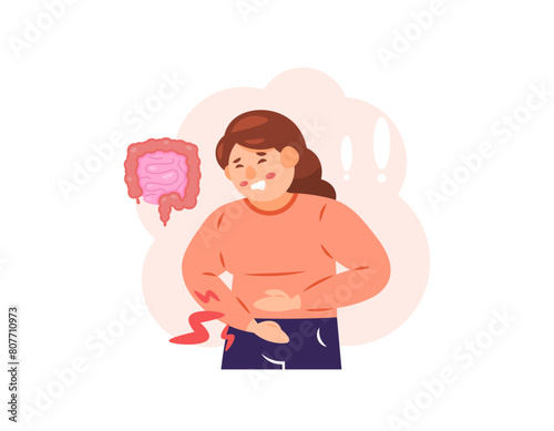 illustration of a woman feeling pain in her stomach. stomach ache. appendicitis or inflammation of the appendix. intestinal inflammation. problems, conditions and health. flat style character