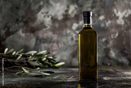 Organic Olive Oil Bottle with Fresh Herbs on Rustic Stone Background 