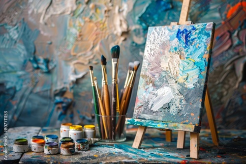 Colorful Painter's Palette and Brushes in an Artistic Workshop 