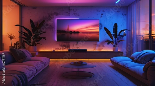A TV lounge with a hidden screen that appears with a voice command and ambient mood lighting
