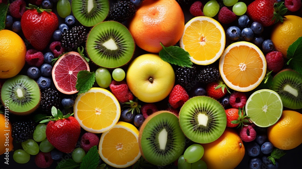 Many fresh fruits mix top down view from above. Many fresh fruits mix top down view from above.