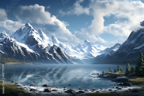 Beautiful mountain landscape with lake and snow-capped peaks.