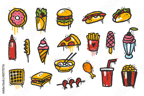 Grunge street junk fast food element set in y2k urban graffiti style with streaks. Burger, french fries, pizza, ice cream, popcorn, donut, noodles, hot dog, chicken leg, Black air sprayed graphic set
