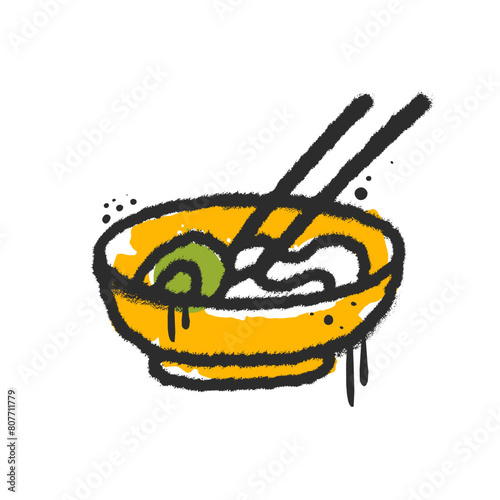 Asian noodles icon. Grunge street fast food element in y2k urban graffiti style with streaks. Black air sprayed graphic. Spray textured vector illustration. Korean, thai, chinese, japanese cuisine