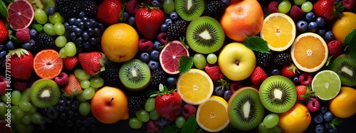 Many fresh fruits mix top down view from above.