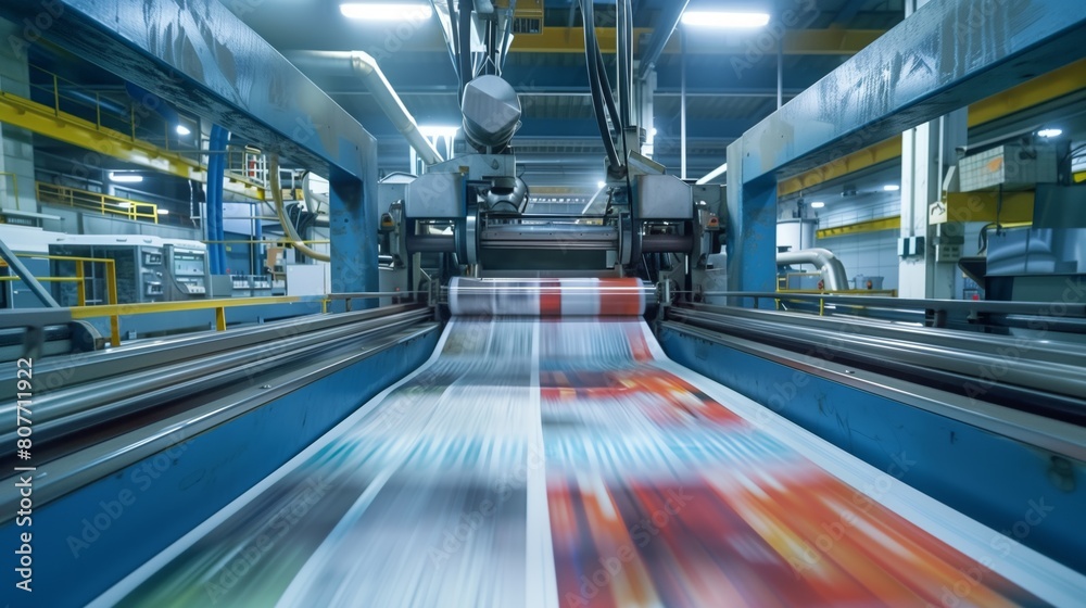 A vibrant scene in an industrial print facility, showcasing a large printing press creating colorful prints.