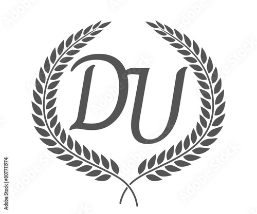 Initial letter D and U, DU monogram logo design with laurel wreath. Luxury calligraphy font.