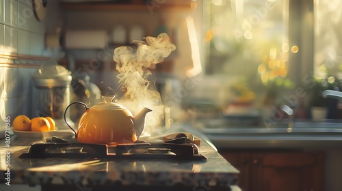 the warmth of a cozy kitchen with a teapot brewing on the stove photo