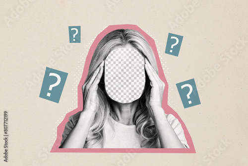 Composite photo collage of blurred anonym blonde girl sit hold head faceless think decision question mark isolated on painted background