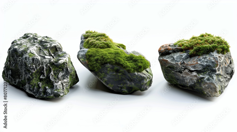 Three unique rocks with lush green moss, showcasing vivid textures and natural beauty. Three unique rocks with lush green moss, showcasing vivid textures and natural beauty.