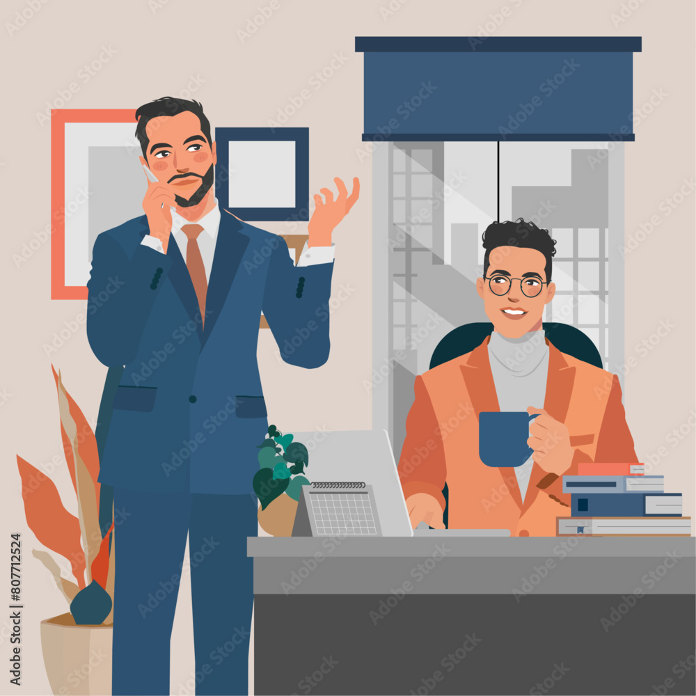 business-men-on-call-drinking-morning-coffee-in-office-illustration business-men-on-call-drinking-morning-coffee-in-office-illustration