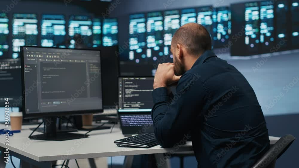 Man in server room typing code on laptop and PC, ensuring data remains shielded from threats. IT expert using notebook and computer to protect supercomputers against unauthorized access Man in server room typing code on laptop and PC, ensuring data remains shielded from threats. IT expert using notebook and computer to protect supercomputers against unauthorized access