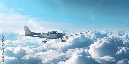 A small propeller plane flies in the blue sky above white Luxury generic design private jet flying over the earth. Empty blue sky with white clouds at background Business Travel Concept.