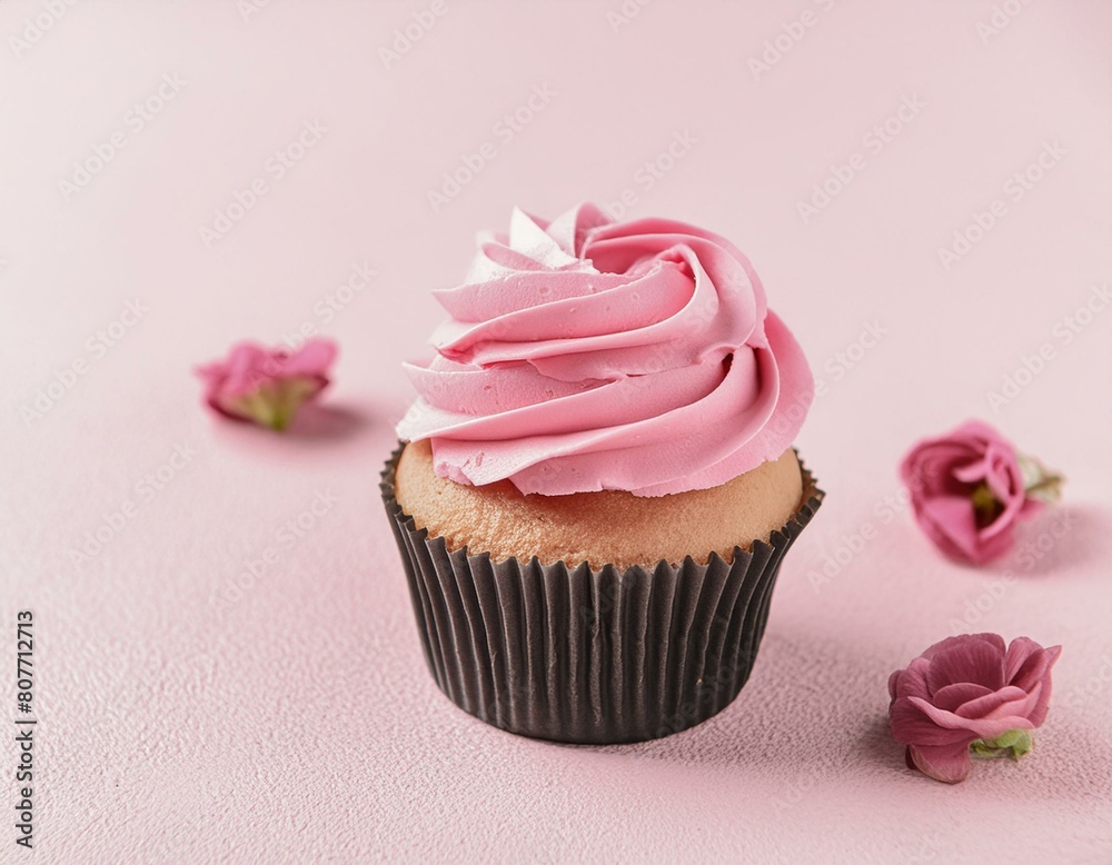 a cupcake with pink frosting on a pink background.