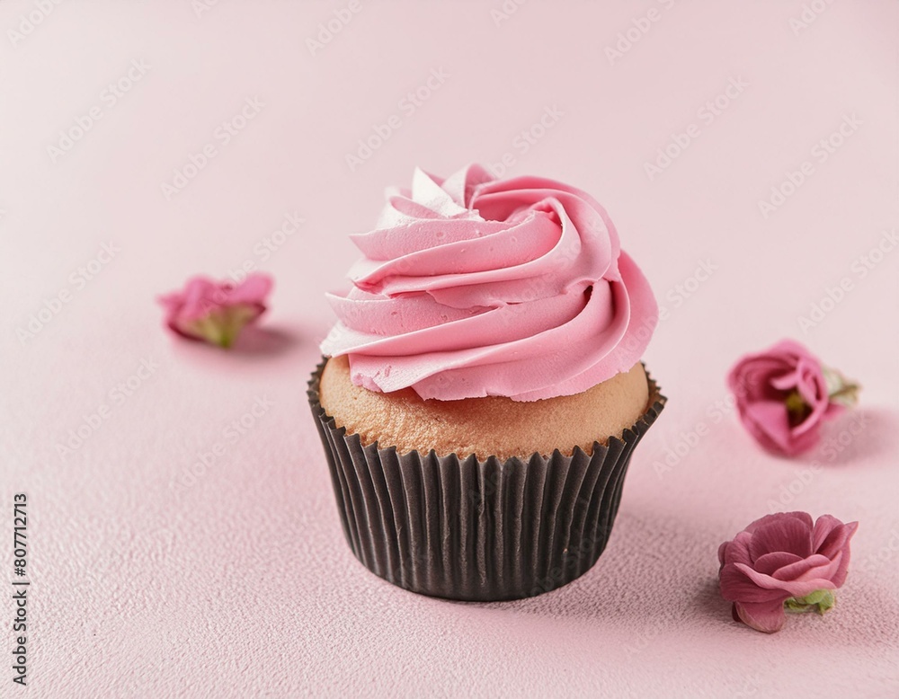 a cupcake with pink frosting on a pink background. a cupcake with pink frosting on a pink background.
