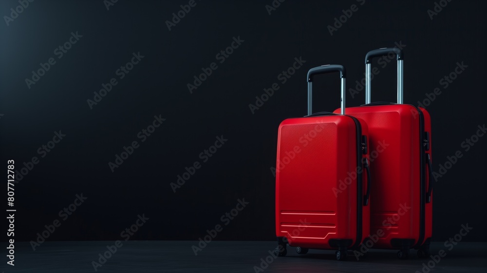 Two vibrant red suitcases with modern design on a dark background, highlighting travel concepts. Two vibrant red suitcases with modern design on a dark background, highlighting travel concepts.