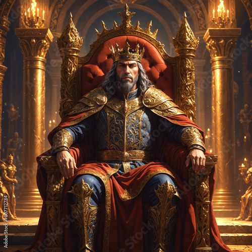 Medieval king sits on his throne,  ornamental armor and cape, luxurious golden hall with armored guards, high detail fantasy character illustration, no AI artifacts photo