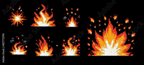 Pixel art 8 bit fire flames and explosion flashes , isolated on black background. Set with cartoon burst animation for retro video game design.