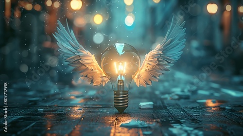 Create a whimsical scene of a light bulb with wings, representing ideas taking flight photo