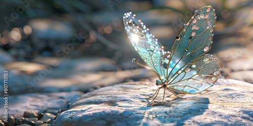  Blue butterfly perched on rock in nature.