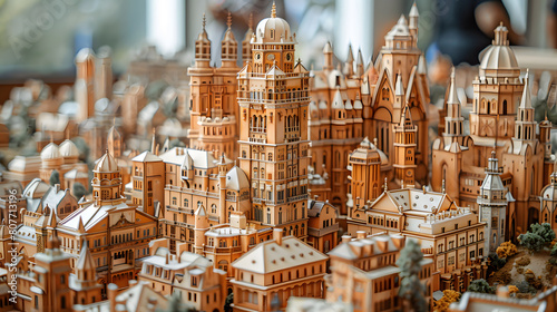 A miniature urban district, with intricate detailing as the background, during an architectural showcase