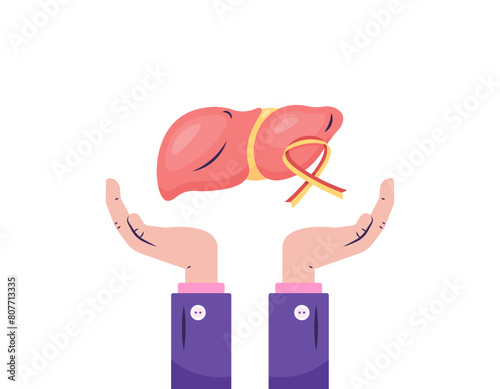 world hepatitis day. illustration of liver organ with ribbon and hands. care about liver health. illustration concept. graphic elements. Illustration design for poster, banner, greeting card