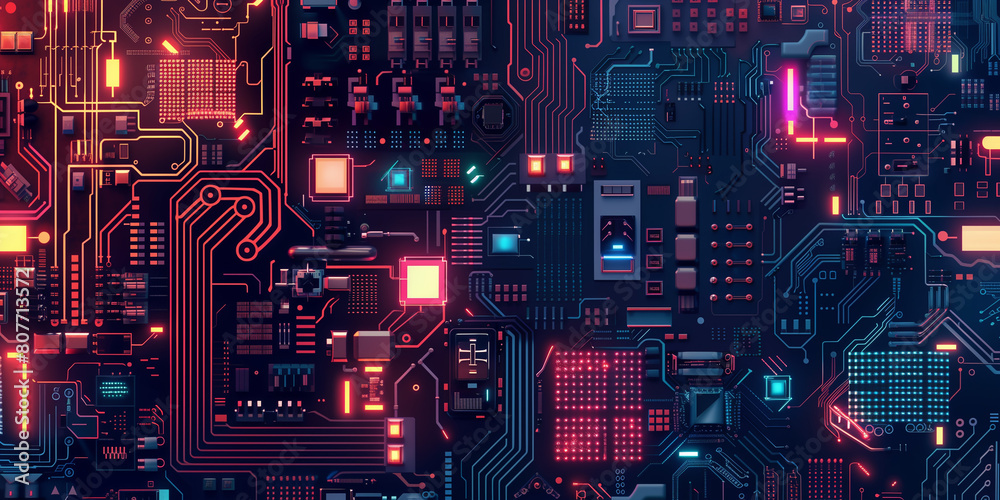 Fototapeta premium Tech-Inspired Texture: Develop a background inspired by technology, with circuit board patterns, pixel art elements, and futuristic gradients.
