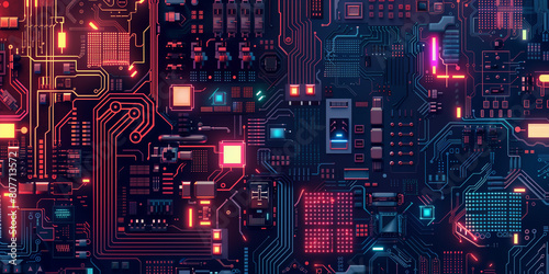 Tech-Inspired Texture: Develop a background inspired by technology, with circuit board patterns, pixel art elements, and futuristic gradients.