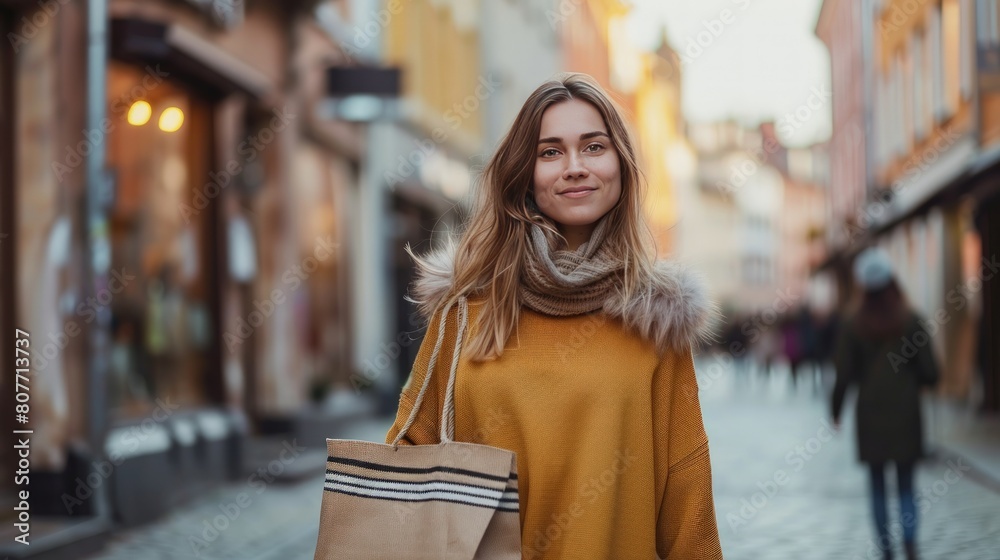 Beautiful young woman exploring Nordic city streets with a sustainable shopping bag, blending into the Scandinavian urban rhythm. Copy Space.
