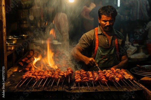 street food culture with an image of a vendor grilling chicken kebabs