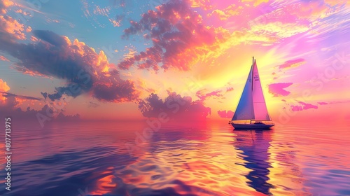 Paint a sailboat gliding gracefully across the tranquil sea under a colorful sunset sky photo
