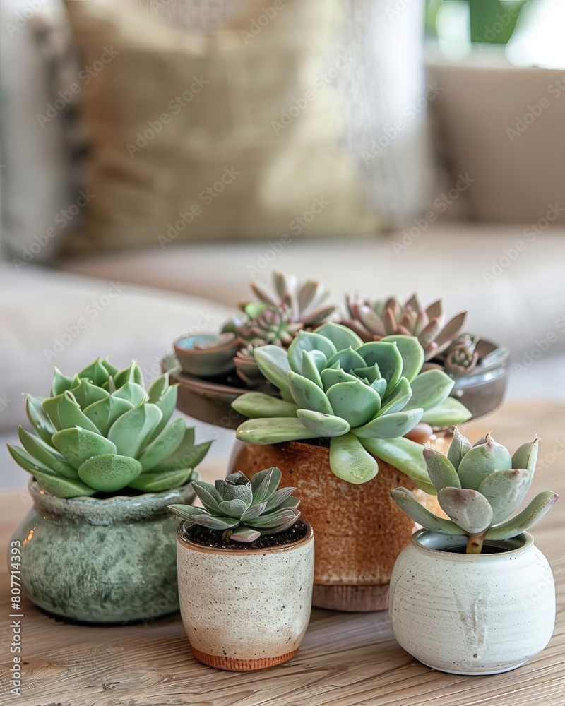 A variety of succulents in pots on a table in boho style A variety of succulents in pots on a table in boho style
