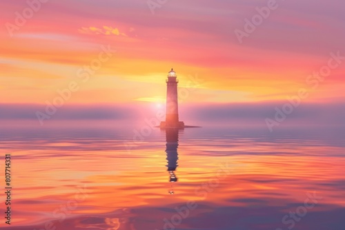 A lighthouse is lit up in the evening sky