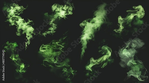 An isolated set of green smoke clouds on a black background. Realistic modern illustration of bad odors, chemical toxic gas, mist over a poisonous potion, stinky steam.