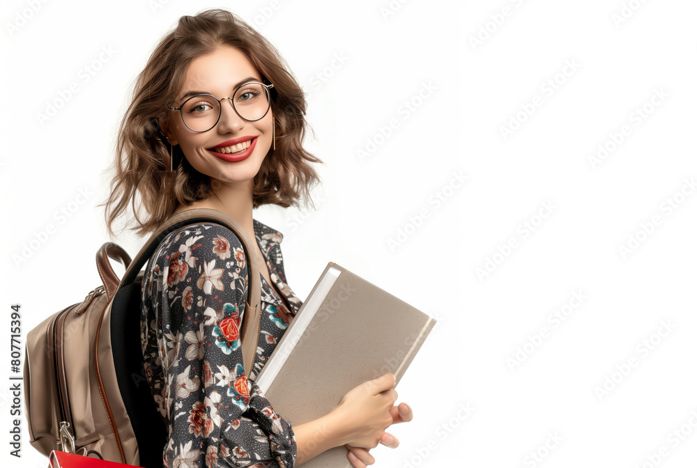 A young woman student wearing glasses, carrying a backpack, and holding a book. A young woman student wearing glasses, carrying a backpack, and holding a book.