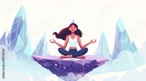 A woman meditates floating in the air holding a lotus posture. A contemporary female character chooses between truth and lies, mythology versus science. Cartoon flat modern illustration.