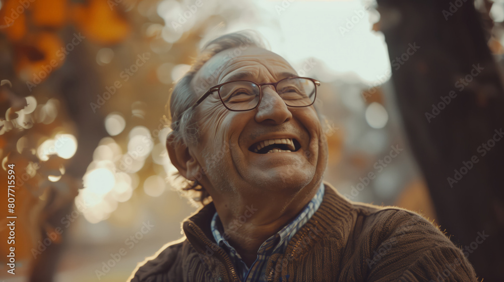 A happy old age. An elderly handsome gray-haired man with glasses is smiling and wearing a brown sweater. He looks happy and contented
