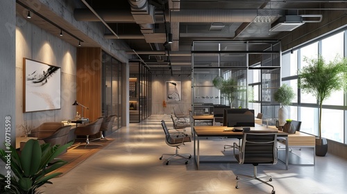 Contemporary Workspace Design  Sleek Furnishings and Innovative Layout in a Bright  Modern Office Setting